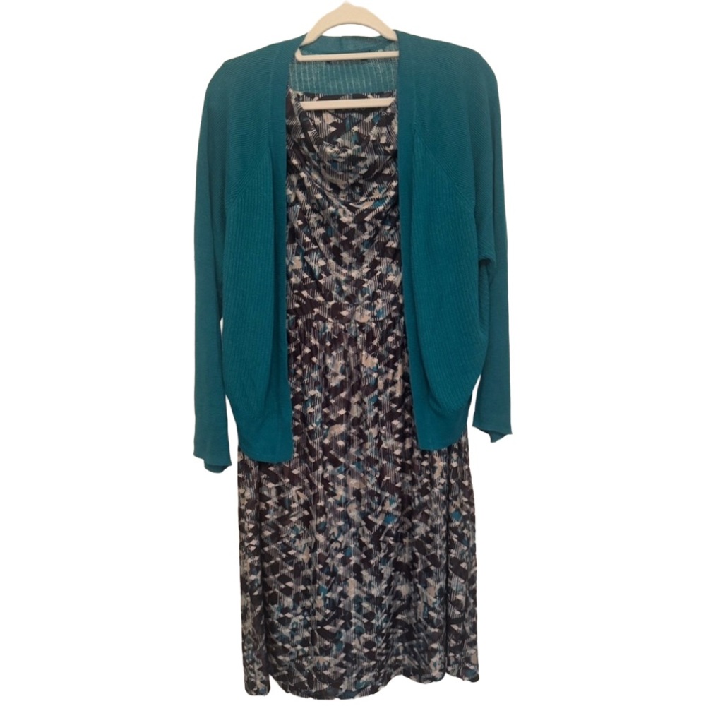 Zozo Women’s XL Teal & Black Patterned Dress with Matching Teal Sweater